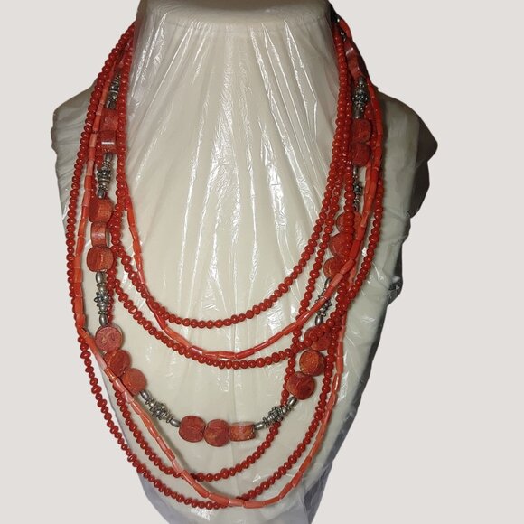Red Coral Multi Strand Necklace 16 Inch Mexican 925 Sterling Silver Intricate - Picture 1 of 11